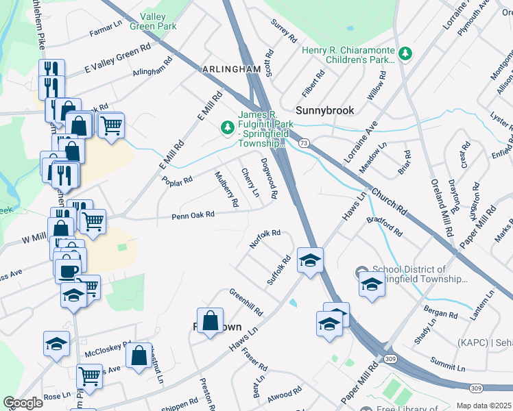 map of restaurants, bars, coffee shops, grocery stores, and more near 407 Penn Oak Road in Flourtown