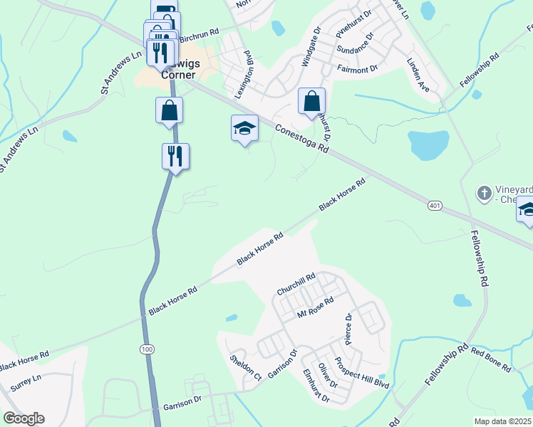 map of restaurants, bars, coffee shops, grocery stores, and more near 441 Black Horse Road in Chester Springs