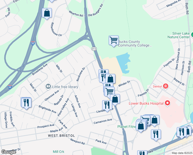 map of restaurants, bars, coffee shops, grocery stores, and more near 1309 Woodbine Avenue in Bristol