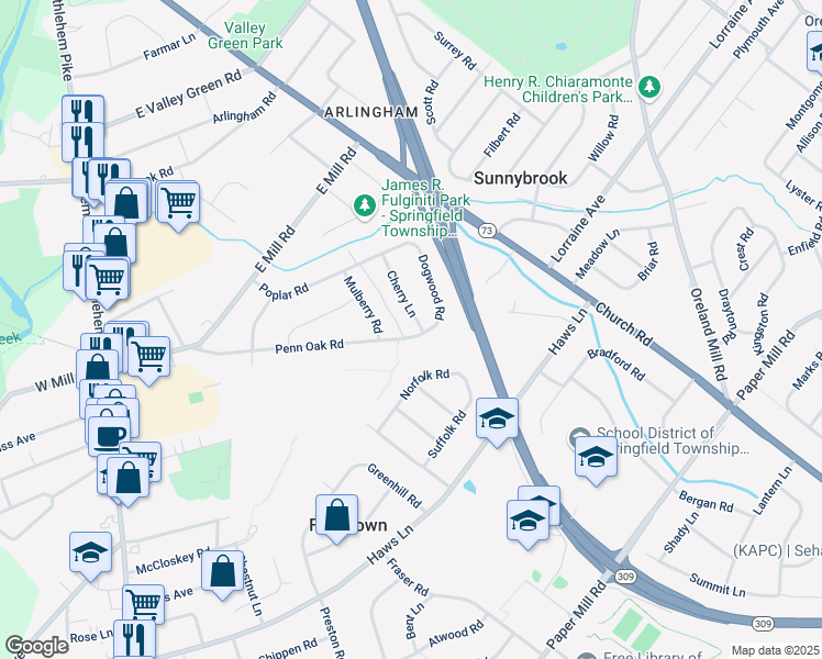 map of restaurants, bars, coffee shops, grocery stores, and more near 407 Penn Oak Road in Flourtown