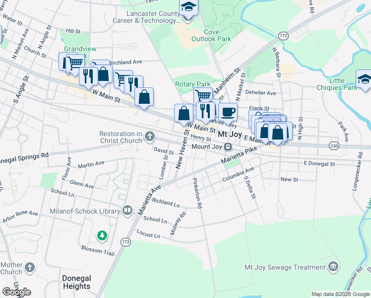 map of restaurants, bars, coffee shops, grocery stores, and more near 121 New Haven Street in Mount Joy