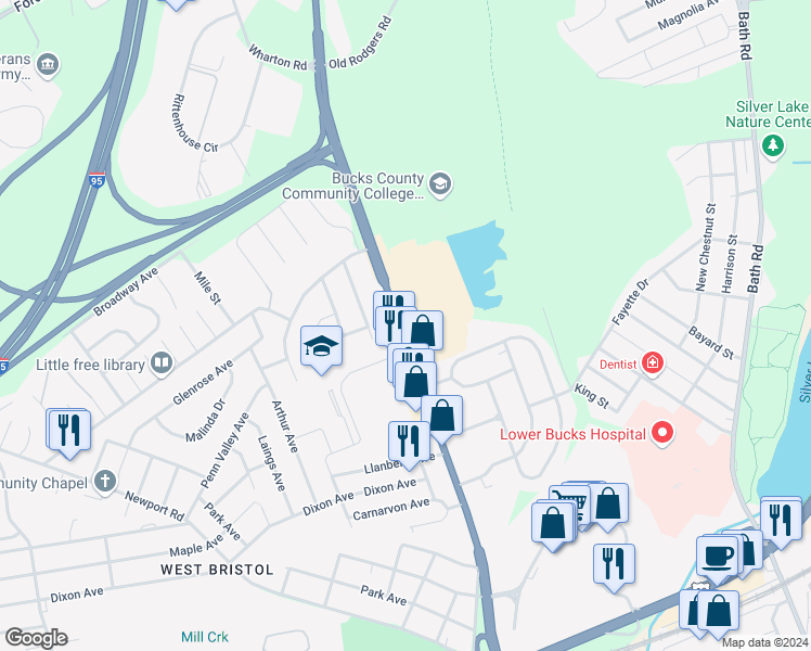 map of restaurants, bars, coffee shops, grocery stores, and more near 1200 Veterans Highway in Bristol