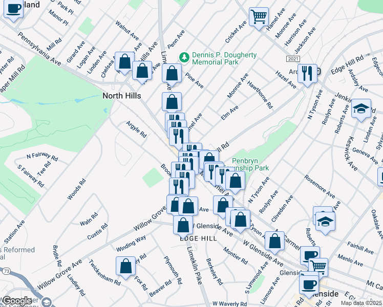 map of restaurants, bars, coffee shops, grocery stores, and more near 2683 Limekiln Pike in Glenside