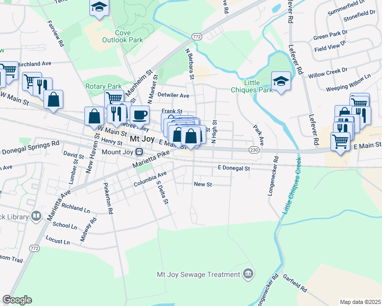 map of restaurants, bars, coffee shops, grocery stores, and more near 180 Sassafras Alley in Mount Joy