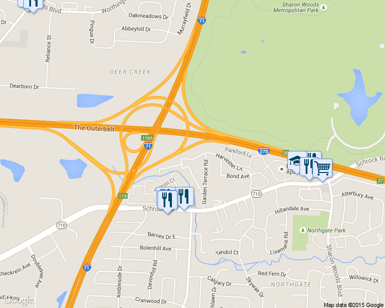 map of restaurants, bars, coffee shops, grocery stores, and more near 1619 Harvester Lane in Columbus