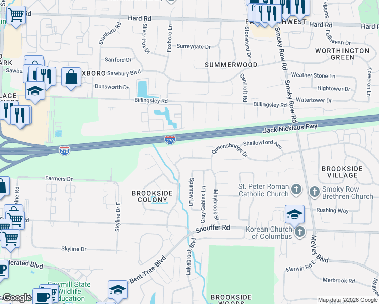 map of restaurants, bars, coffee shops, grocery stores, and more near 2179 Heatherfield Avenue in Columbus