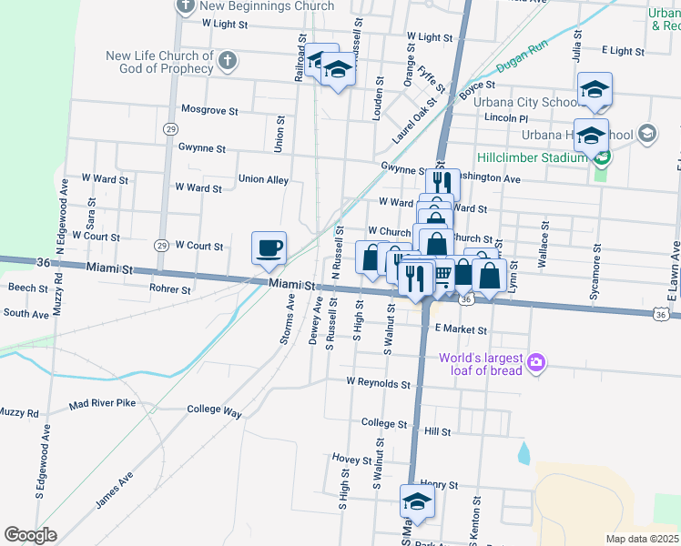 map of restaurants, bars, coffee shops, grocery stores, and more near 400 Miami Street in Urbana