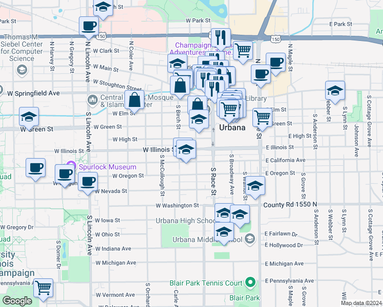 map of restaurants, bars, coffee shops, grocery stores, and more near 302 West California Avenue in Urbana