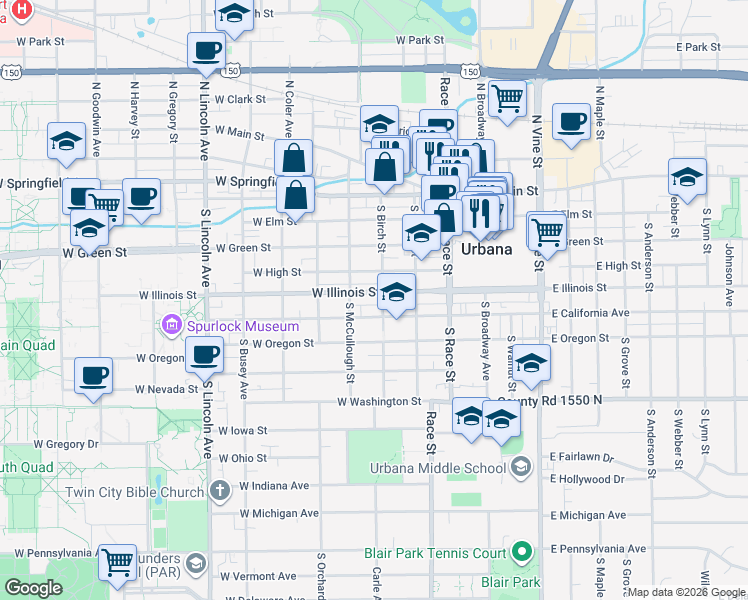 map of restaurants, bars, coffee shops, grocery stores, and more near 402 West California Avenue in Urbana