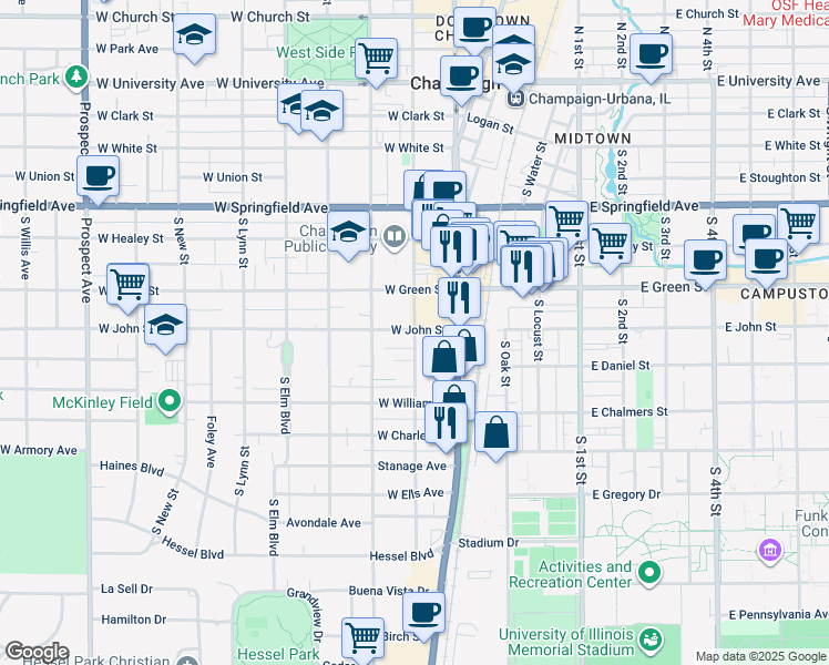 map of restaurants, bars, coffee shops, grocery stores, and more near 2 Villard Court in Champaign