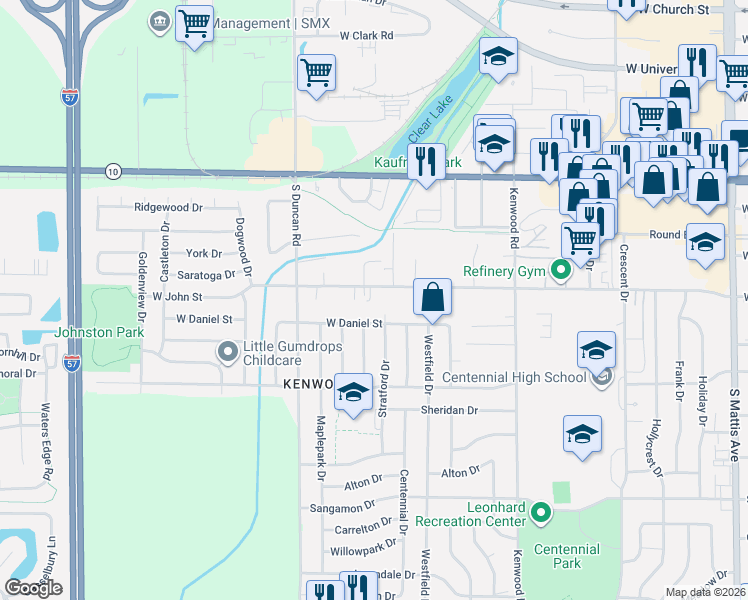 map of restaurants, bars, coffee shops, grocery stores, and more near 708 Stratford Drive in Champaign