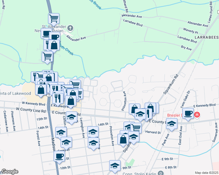 map of restaurants, bars, coffee shops, grocery stores, and more near 151 Williamsburg Lane in Lakewood