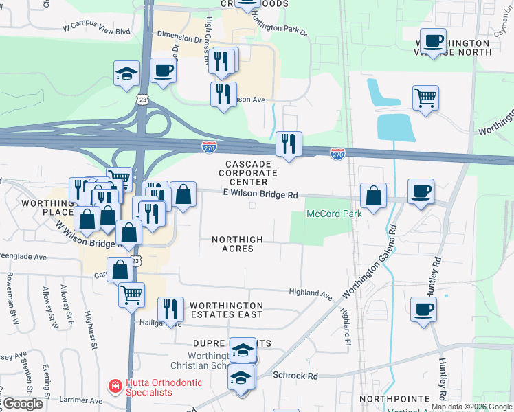 map of restaurants, bars, coffee shops, grocery stores, and more near 187 East Wilson Bridge Road in Worthington
