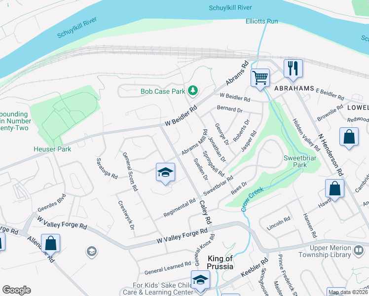 map of restaurants, bars, coffee shops, grocery stores, and more near 367 Abrams Mill Road in King of Prussia