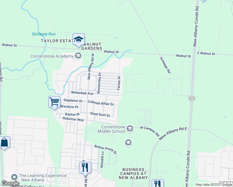 map of restaurants, bars, coffee shops, grocery stores, and more near 7239 Winterbek Avenue in New Albany