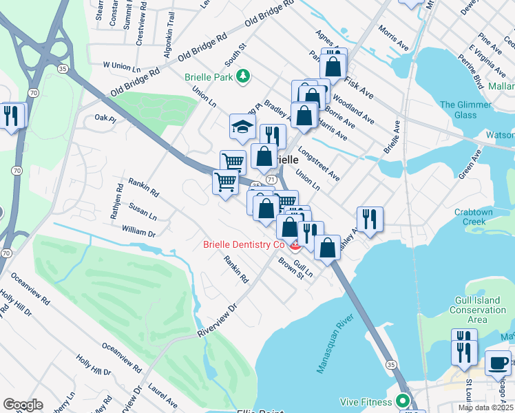 map of restaurants, bars, coffee shops, grocery stores, and more near 715 Union Avenue in Brielle