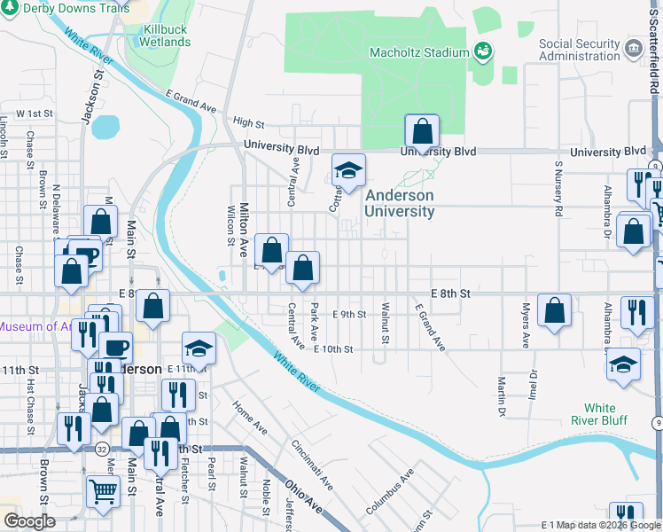 map of restaurants, bars, coffee shops, grocery stores, and more near 712 Cottage Avenue in Anderson