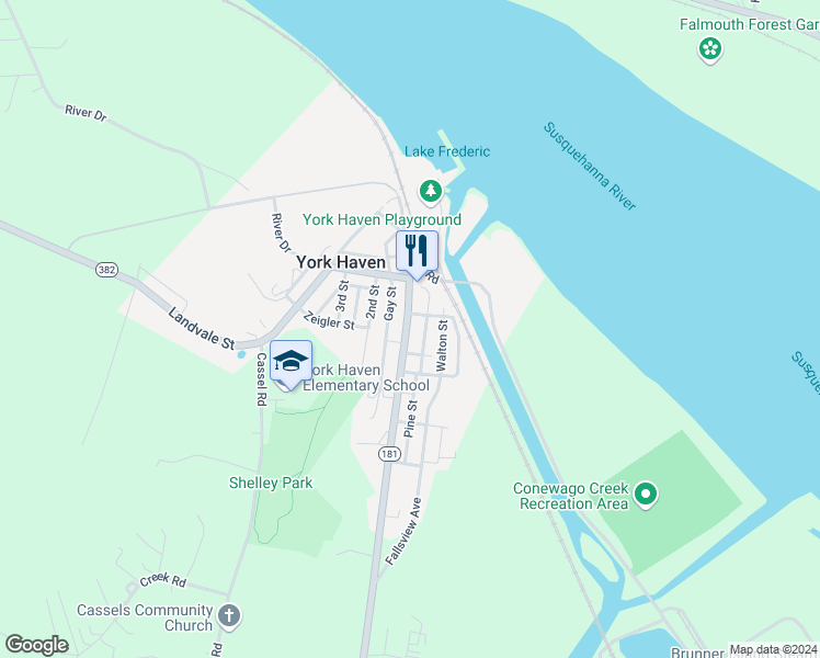map of restaurants, bars, coffee shops, grocery stores, and more near 49 South Front Street in York Haven