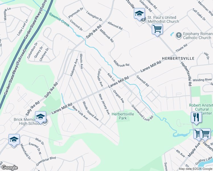 map of restaurants, bars, coffee shops, grocery stores, and more near 2181 Lanes Mill Road in Brick Township