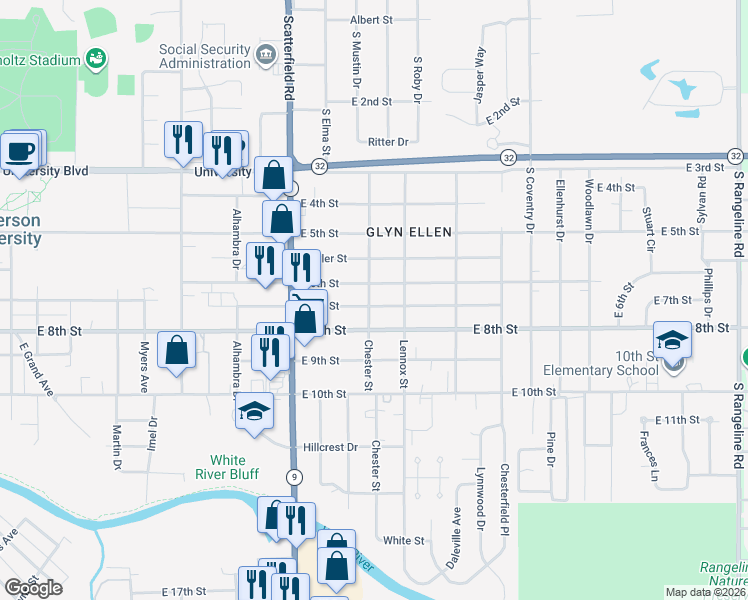 map of restaurants, bars, coffee shops, grocery stores, and more near 2325 East 7th Street in Anderson