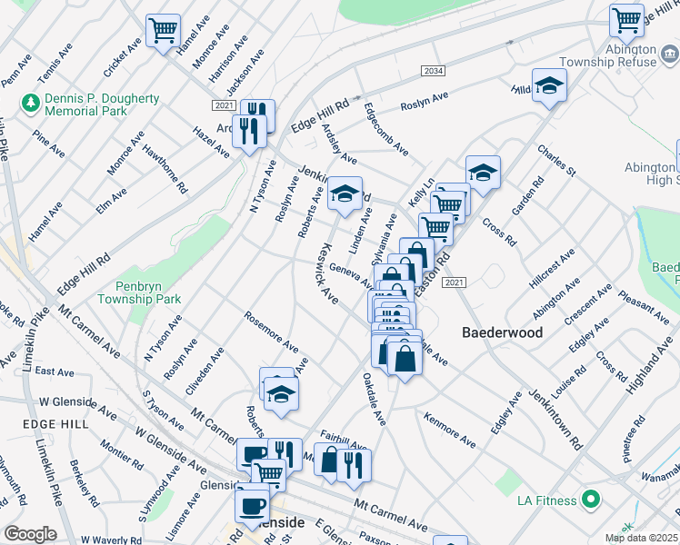 map of restaurants, bars, coffee shops, grocery stores, and more near 2374 Geneva Avenue in Glenside