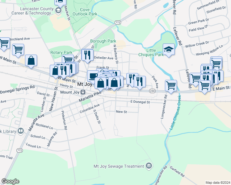 map of restaurants, bars, coffee shops, grocery stores, and more near 6 South Barbara Street in Mount Joy