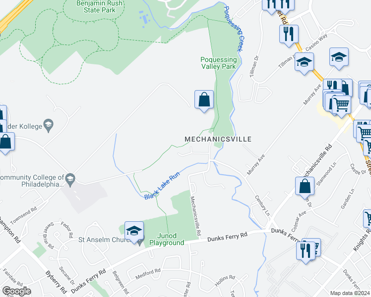 map of restaurants, bars, coffee shops, grocery stores, and more near 3142 Mechanicsville Road in Philadelphia