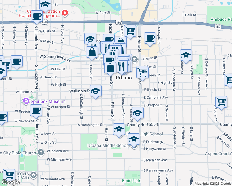 map of restaurants, bars, coffee shops, grocery stores, and more near 109 West Illinois Street in Urbana