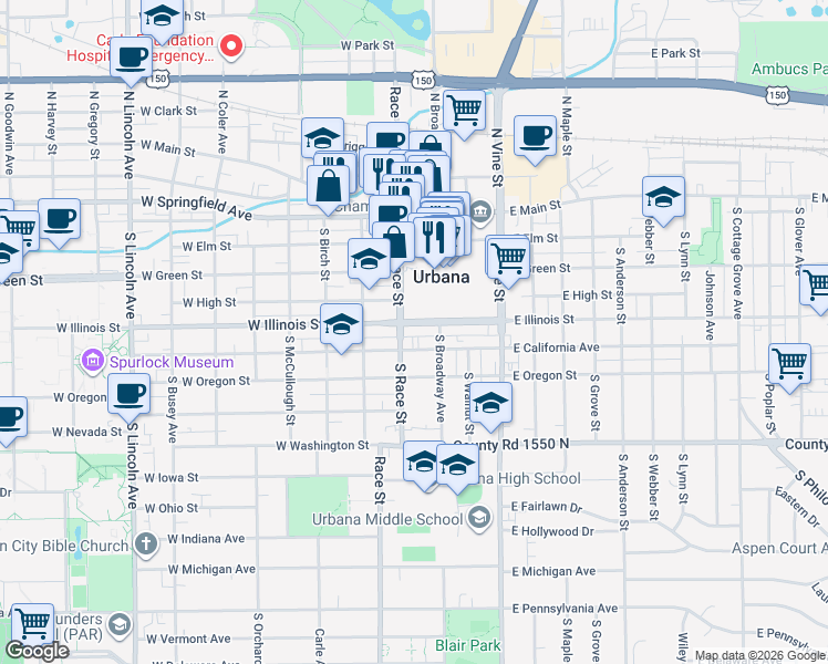 map of restaurants, bars, coffee shops, grocery stores, and more near 109 West Illinois Street in Urbana