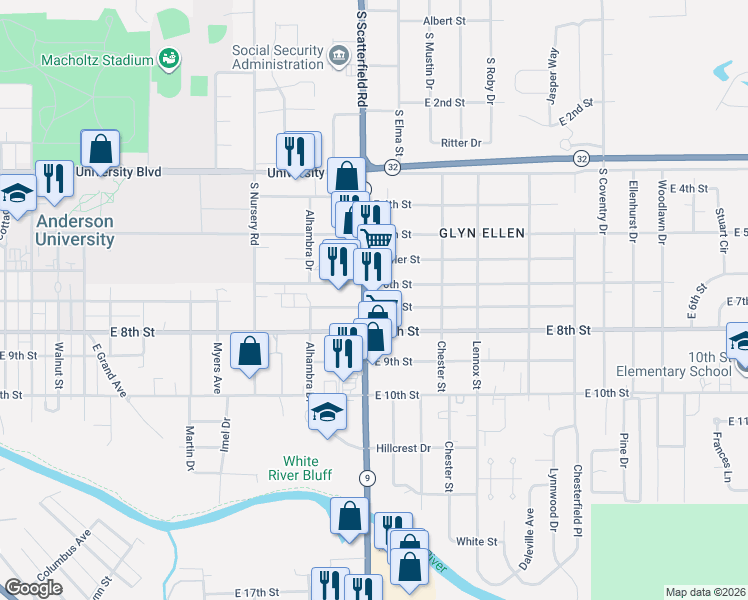 map of restaurants, bars, coffee shops, grocery stores, and more near 640 South Scatterfield Road in Anderson