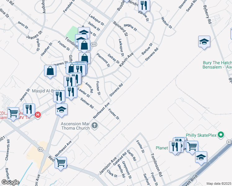 map of restaurants, bars, coffee shops, grocery stores, and more near 11009 Stevens Road in Philadelphia