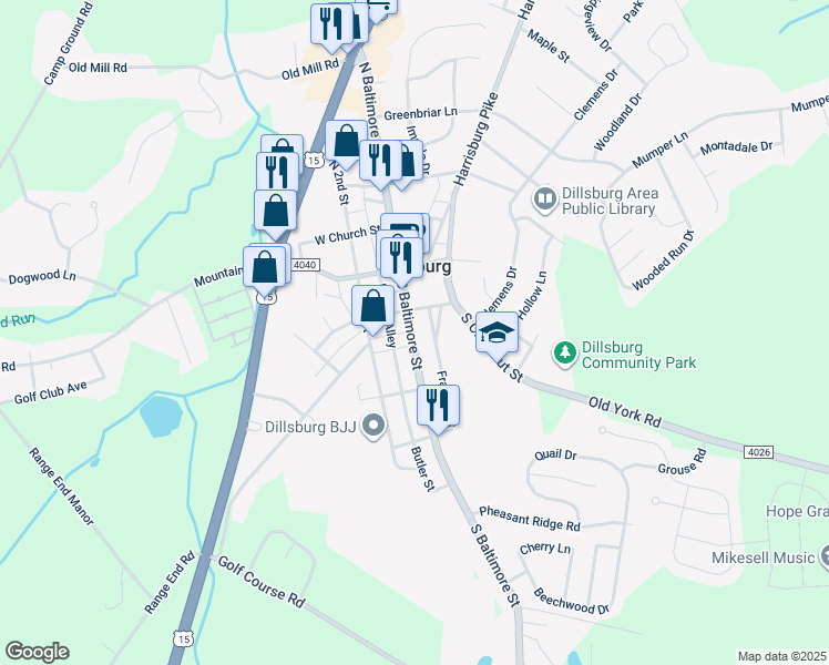 map of restaurants, bars, coffee shops, grocery stores, and more near 121 South Baltimore Street in Dillsburg
