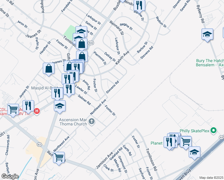 map of restaurants, bars, coffee shops, grocery stores, and more near 11009 Stevens Road in Philadelphia