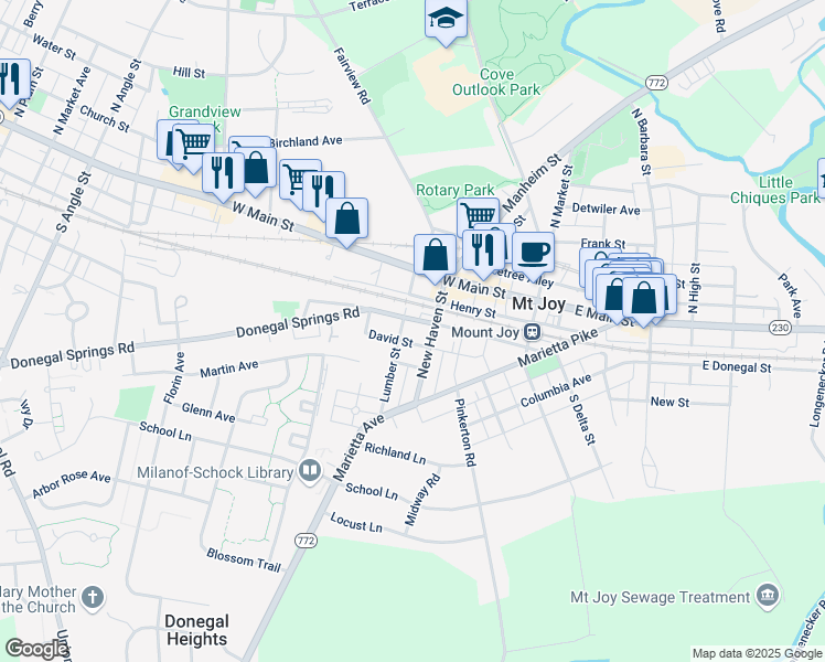 map of restaurants, bars, coffee shops, grocery stores, and more near 116 West Donegal Street in Mount Joy