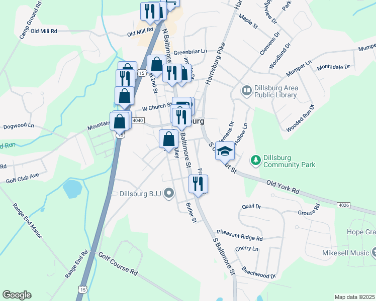 map of restaurants, bars, coffee shops, grocery stores, and more near 121 South Baltimore Street in Dillsburg