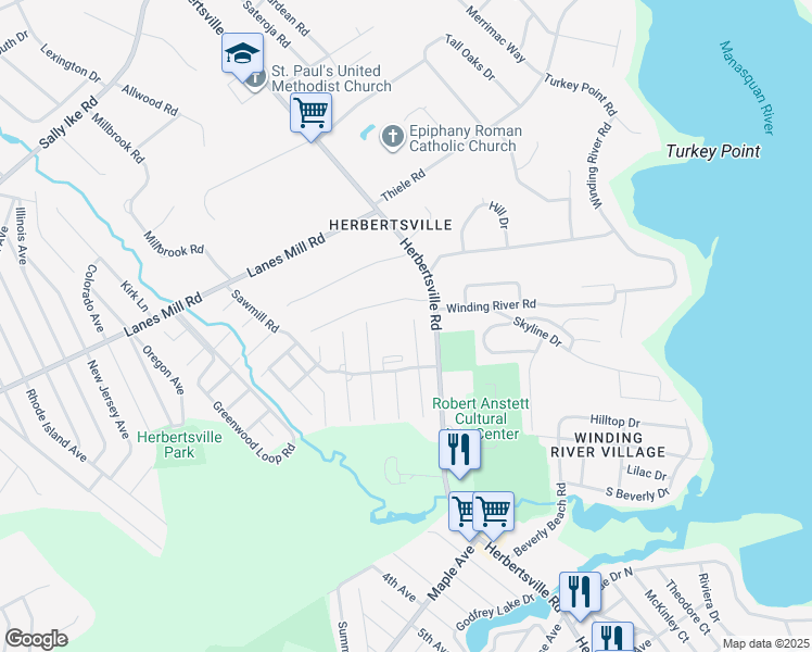 map of restaurants, bars, coffee shops, grocery stores, and more near 255 Sawmill Road in Brick Township