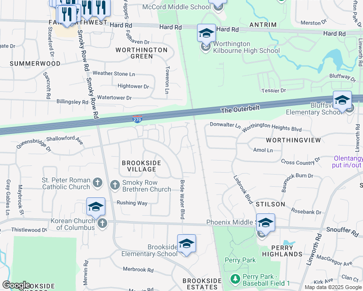 map of restaurants, bars, coffee shops, grocery stores, and more near 7342 Bride Water Boulevard in Columbus
