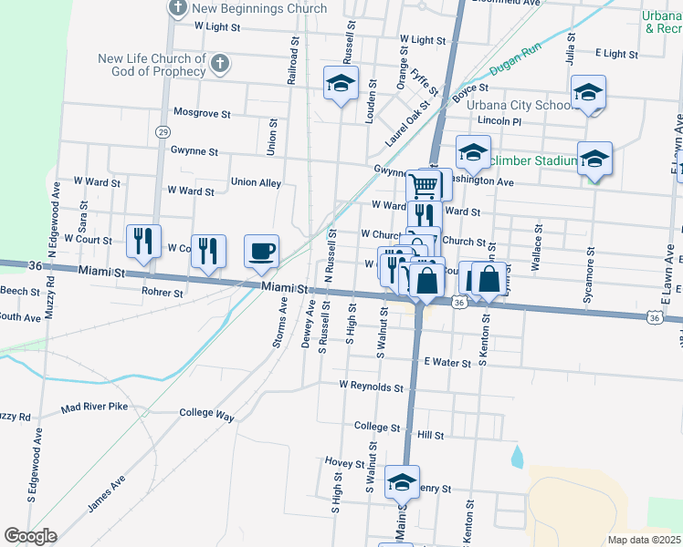 map of restaurants, bars, coffee shops, grocery stores, and more near 236 Miami Street in Urbana