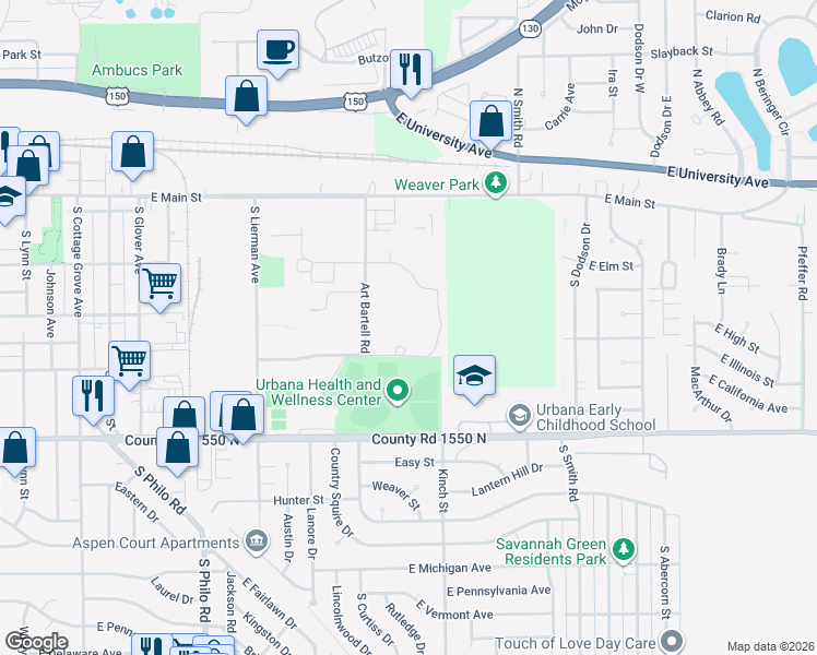 map of restaurants, bars, coffee shops, grocery stores, and more near 500 Art Bartell Road in Urbana