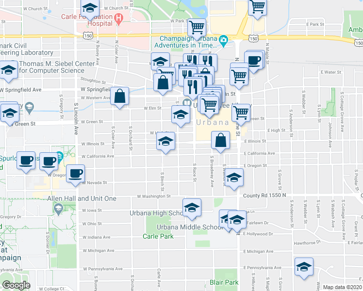 map of restaurants, bars, coffee shops, grocery stores, and more near 302 West California Avenue in Urbana