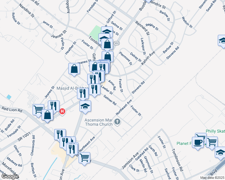 map of restaurants, bars, coffee shops, grocery stores, and more near 830 Avon Road in Philadelphia