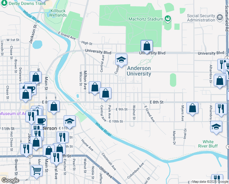 map of restaurants, bars, coffee shops, grocery stores, and more near 712 Cottage Avenue in Anderson