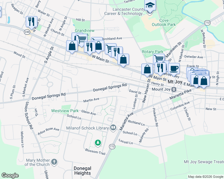 map of restaurants, bars, coffee shops, grocery stores, and more near 349 Martin Avenue in Mount Joy