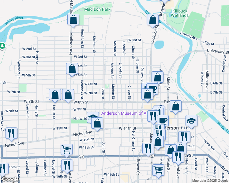 map of restaurants, bars, coffee shops, grocery stores, and more near 430 West 7th Street in Anderson
