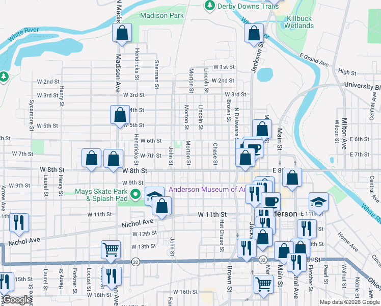 map of restaurants, bars, coffee shops, grocery stores, and more near 431 West 7th Street in Anderson