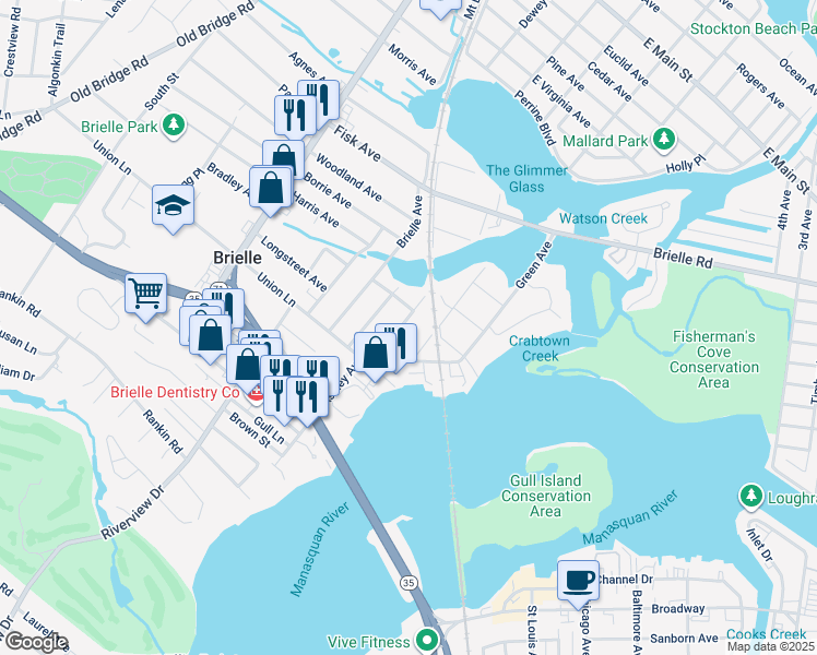 map of restaurants, bars, coffee shops, grocery stores, and more near 614 Homestead Road in Brielle
