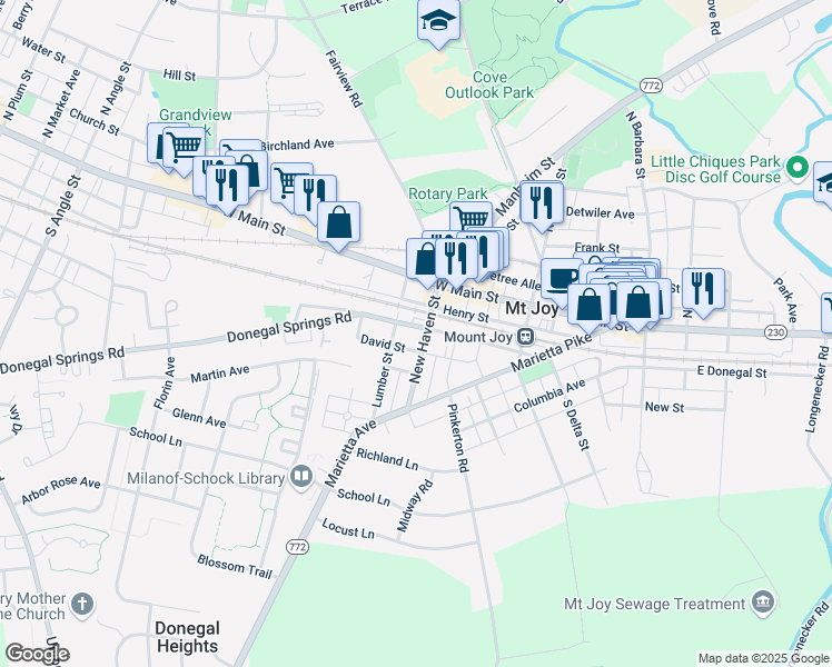 map of restaurants, bars, coffee shops, grocery stores, and more near 121 New Haven Street in Mount Joy