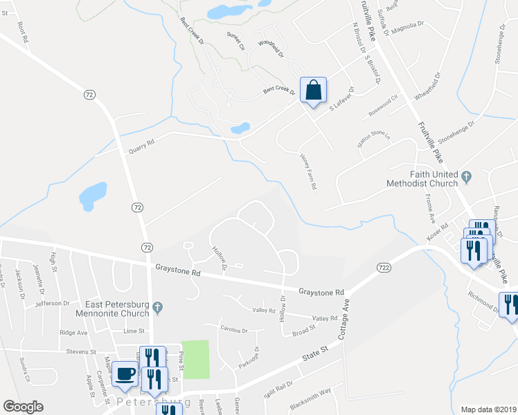 map of restaurants, bars, coffee shops, grocery stores, and more near 2637 Northfield Drive in East Petersburg