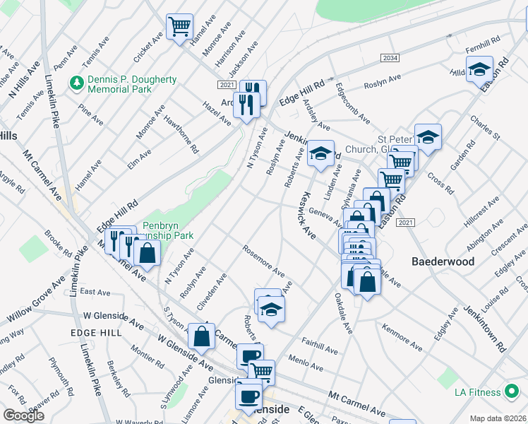 map of restaurants, bars, coffee shops, grocery stores, and more near 337 Cliveden Avenue in Glenside