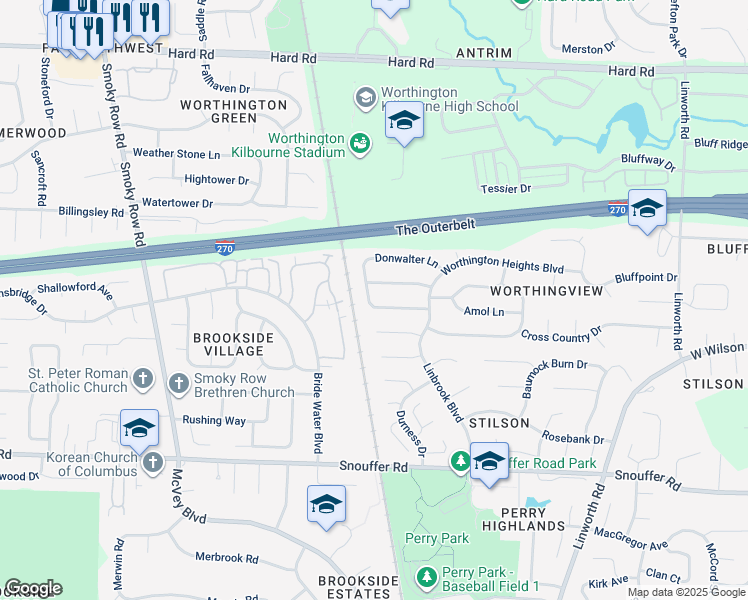 map of restaurants, bars, coffee shops, grocery stores, and more near 1393 Snowmass Road in Columbus